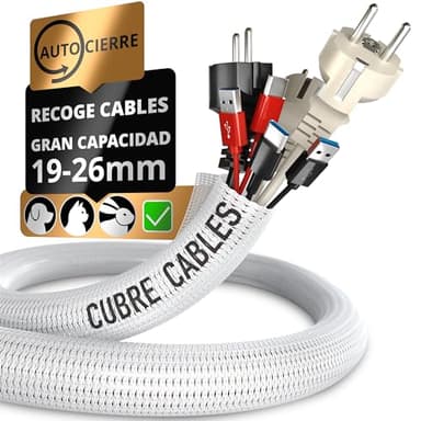 Cubre Cables 3m 19-26mm Organizador Autocierre Esconde Cables Escritorio TV Pared Funda Protector Eléctrico Protección Mascotas Resiste Altas Temperaturas Recoge Cables Versátil Hogar Oficina Blanco