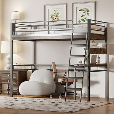 Cama alta, 90 x 200 cm, sin colchón, cama con escritorio, estantes, barandilla, escalera, marco de hierro, negro, para habitaciones juveniles