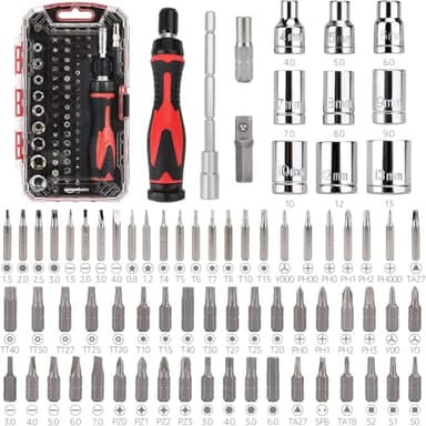Amazon Basics Juego de magnético destornillador de precisión electrónico y carraca de 73 Unidad, magnético, Negro, Rojo, Plateado