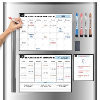 DESK GLOBAL - Pack 2 Calendario Magnético para Nevera Mensual y Semanal (42x30 cm) + Pizarra Magnética Pequeña + 4 rotuladores + borrador - Planificador Español - Tablero de Calendario 2025