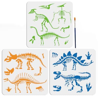 MAYJOYDIY 3 plantillas de esqueleto de dinosaurio, estegosaurio, triceratops, tiranosaurio Rex, plantillas de 30 x 30 cm con pincel de pintura, plantillas de huellas de dinosaurios para pintar