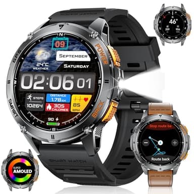 ESFOE DM4 Reloj Inteligente Hombre GPS Militar con LED Linterna, 1,43'' AMOLED 5ATM Impermeable Resistente Smartwatch con Altitude y Brújula, 170+Deportes, Llamadas Bluetooth,530mAh para iOS Android