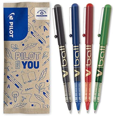 PILOT Caja de 4 VBall 07 - Bolígrafos roller con tinta líquida - Bolígrafos con punta cónica Media - Escritura Suave y Precisa - Secado rápido, antimanchas - Negro, Azul, Rojo, Verde - Punta Media