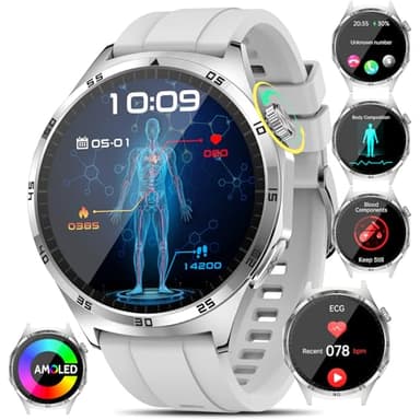 2025 ECG Reloj Inteligente con HRV/Ácido Úrico/Lípidos/BMI,1.43"AMOLED Salud Smartwatch con Detección BMI/Fatiga/Emociones/Temperatura Corporal/Presión Arterial/Sueño/𝐆𝐥𝐮𝐜𝐞𝐦𝐢𝐚,Botón de SOS