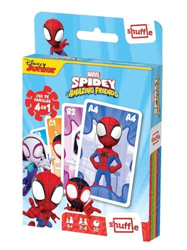 Shuffle – Spidey y Sus Amigos Extraordinarios – 4 Juegos en 1-7 Familias, Pares, Acción y Batallas – Juego de Cartas Niños y Familia – A Partir de 4 años