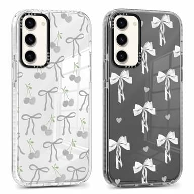Phoona 2 Piezas Funda para Samsung Galaxy S23 5G 6,1'', Aesthetic Lazo Dibujos Diseño Suave Ultrafina Transparente Negro Silicone Cover Antigolpes Anti-Arañazos Protección de Cámara Case para Mujer
