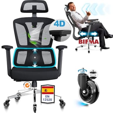 MELOKEA Silla de Oficina Ergonómica 200 KG, Reposabrazos 4D, Profundidad de Asiento Ajustable, Silla Escritorio con Ruedas de Goma, Inclinación en 4 Posiciones, Respaldo Alto, Cadeira Ergonomica