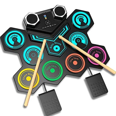 Batería Electrónica Portátil - CNAPXAIA Bateria Niños con Altavoces Estéreo Incorporados, Set de Batería Eléctrica de Silicona de 9 Pads para Niños Adultos Principiantes
