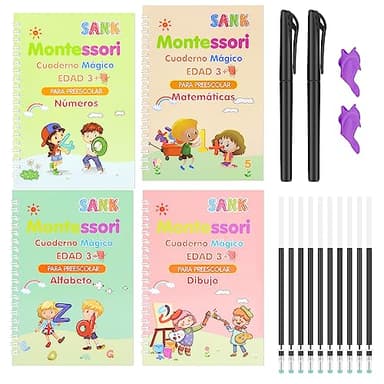 DirkFigge Libro Magico, 4 Piezas Escritura De CaligrafíA Para NiñOs, Puede Reutilizar Libro De Trazado, Libros Magicos De Caligrafia Boli Borrable,Con 10 Recargas y 2 Soporte(EspañOl)