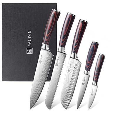 PAUDIN Juego de Cuchillos de Cocina Profesional, Set de 5 Cuchillos Japoneses Acero Inoxidable, Cuchillos Chef Santoku Universal para Cortar Carne Verduras Pan Queso
