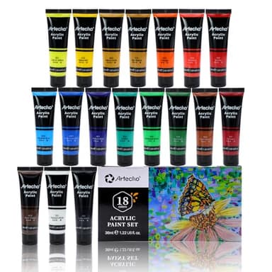Artecho Pinturas Acrilicas 18 × 36 ml, para Bellas Artes y Manualidades, Acrylic Paint Set, Impermeable y resistente a la luz para Lienzos, Tela, Madera, Cristal, Piedras