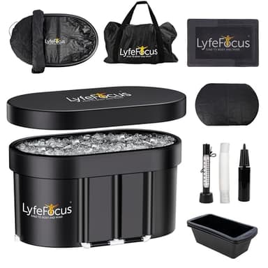 LyfeFocus Cold Therapy Pod - Bañera de hielo de recuperación premium con termómetro, alfombrilla para pies, tapa de protección, sábana para el suelo, bloques de hielo reutilizables y accesorios de