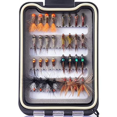 BASSDASH Kit de Moscas de Pesca con Mosca, Surtido de Moscas, Pesca de lubina con Caja de Moscas, 36/64/72/76/80/96 Piezas con Moscas secas/húmedas, ninfas, serpentinas, Popper