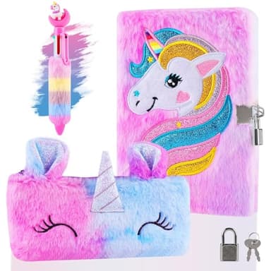 Beihre Diario Secreto Niña, Set de Papelería Unicornio de Peluche con Candados, Bolígrafo y Bolsa de Papelería, Regalos Para Niñas (Púrpura)