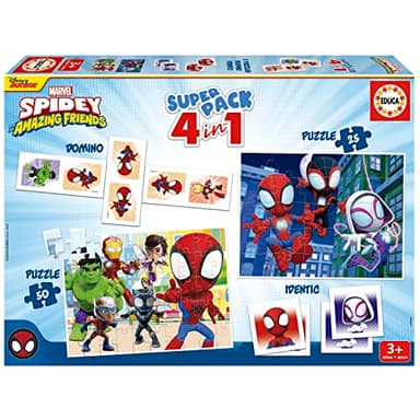 Educa - Superpack Spidey & Friends | Juegos de Mesa y Puzzles Infantiles: Dominó, Identic con 28 Cartas y 2 Puzzles de 25 y 50 Piezas. Juego Infantil para 3, 4 y 5 años (19682)