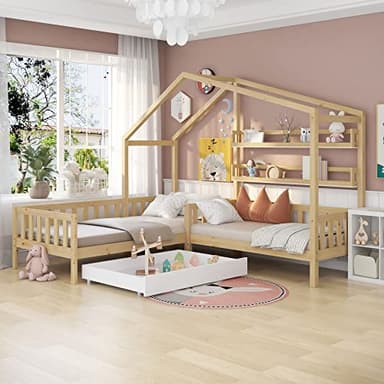 KecDuey Cama infantil de 90 x 200 cm+140 x 70 cm, cama de casa con cajones y estantes, cama de madera maciza con valla y somier, estructura en L (natural)