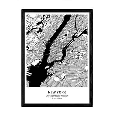 Nacnic Poster con Mapa de New York - USA. Láminas de Ciudades de Estados Unidos con Mares y ríos en Color Negro. Tamaño A3