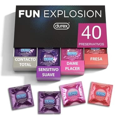 Durex Preservativos Mixtos Fun Explosion Sabor Fresa, Dame Placer, Sensitivo Suave y Contacto Total, 40 Condones, 52 y 56 mm
