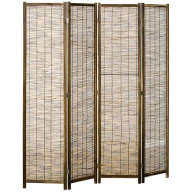 HOMCOM Biombo de 4 Paneles Divisor de Habitación Plegable 160x1,8x170 cm Separador de Ambientes de Madera y Carrizo Estilo Rústico para Oficina Dormitorio Salón Natural