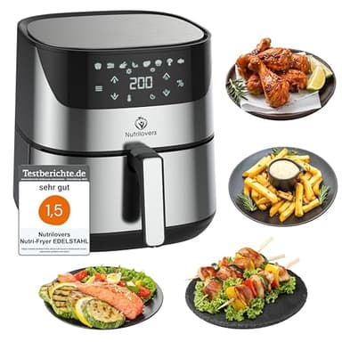 NUTRI-FRYER Freidora de aire caliente XXL, acero inoxidable, marca alemana, freidora de aire caliente, juego XXL, 2000 W, ganador de la prueba, airfryer de 5 l, grande, sin grasa ni aceite