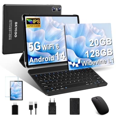 SKYEGG Tablet 10 Pulgadas Android 14 con 20 GB RAM + 128 GB ROM (Ampliable a 1TB), Widevine L1, 5G Wi-Fi 6, GPS, 8 Core, 8 MP + 5 MP, USB-C Tablet con Teclado + Ratón + Funda, Negro