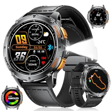 FOXBOX DM4 GPS Reloj Inteligente Hombre, 1.43" AMOLED Smartwatch con LED Linterna para Android iOS, 6 Localización por Satélite, IP68, Llamadas, 200+ Watch Face,170+ Deportes, Correa de Cuero Negro