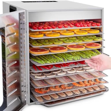 Kwasyo 10 Bandejas Deshidratador Alimentos Recetas gratis Temperatura Ajustable 30-90℃, Acero Inoxidable Completo, Temporizador de 24 horas, 10 Pisos Deshidratadora de Frutas, bpa free,1000W