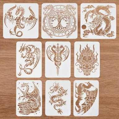 FINGERINSPIRE 9Pcs Dragón Pintura Grandes Plantillas 9 Estilos Dragón Oriental Chino Plantilla Grande 21x29.7cm 30x30cm Reutilizable Dinosaurio Rey Dragón Espada Pteranodon Cabeza de Dragón Plantilla