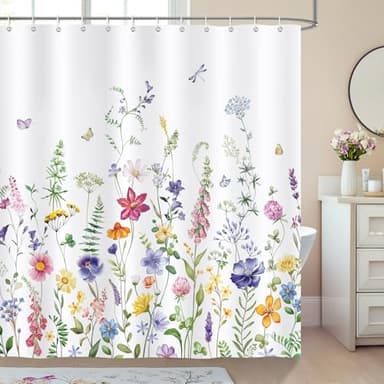 Bonhause Cortina de Ducha Flores Silvestres Coloridas Primavera Floral Planta Azul Púrpura Cortina de Baño de Poliéster Impermeable Antimoho Lavable Cortina Ducha 180 x 180 cm con 12 Ganchos