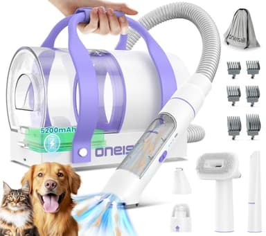 oneisall Aspiradora pelos Mascotas sin cable, 5200mAh Aspiradora para Pelos de Perro con cortaúñas, afilador de uñas, cortapatas, Cepillo aspirador Mascotas, apto para interiores y exteriores