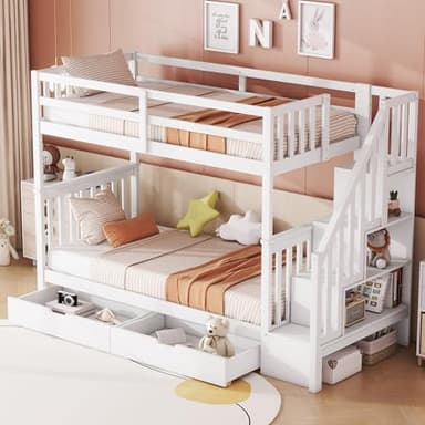 KecDuey Litera de 90 x 200 cm, cama infantil con estantería, equipada con dos cajones, somier de láminas, cama infantil con barandilla alta (blanco con cajones, 90 x 200 cm)