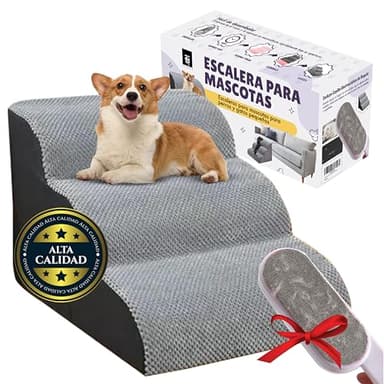 HALVERIA® Escalera y Rampa para Perros | 3 Escalones de Espuma Alta Densidad | Antideslizante, Funda Lavable | para Cama o Sofá | Ideal para Perros Pequeños, Gatos y Mascotas Mayores