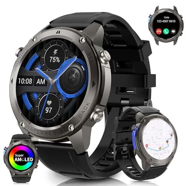 AIEK Reloj inteligente con GPS, resistente al agua hasta 50 m, contestar/hacer llamadas, reloj deportivo resistente con monitor de frecuencia cardíaca de 1.4 pulgadas, pantalla AMOLED de 1.4 pulgadas,