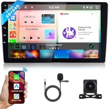 Hodozzy 10,1 Pulgadas Radio Coche Android 4GB+64GB 8 Core IPS Pantalla Táctil Navegación GPS Estéreo con Carplay Inalámbrico Android Auto, Radio Pantalla 2 DIN Bluetooth DSP WiFi FM RDS Cámara