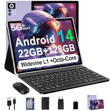 ZIOVO Android 14 Tablet 10 Pulgadas, 22GB RAM+128GB ROM (TF 1TB), 5G WiFi, Widevine L1/Octa-Core/2.0GHz/8000mAh/Cuerpo Metálico/8+5MP/ Tablet 2 en 1 con Teclado y Ratón- Violeta