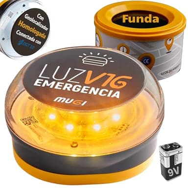 Baliza V16 Homologada DGT con Geolocalizador con Funda | Luz Emergencia Coche Moto 360º Alta Visibilidad 1Km V-16 Conectada DGT 3.0 Geolocalizacion Datos SIM IoT Base Imantada Pila 9V