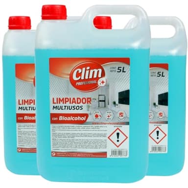 3 Limpiadores Multiusos Clim Profesional con Bioalcohol. Limpia y Desinfecta Cualquier Superficie Aportando Brillo y buen aroma. Caja con 3 garrafas de 5 litros