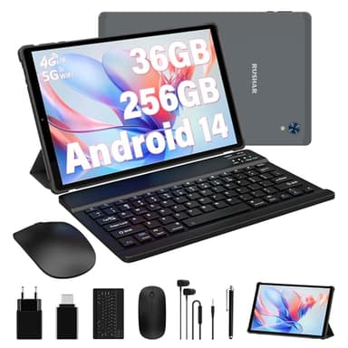 RUSHAR Tablet 10.4 Pulgadas Android 14 con 36GB RAM+256GB ROM (2TB TF),Tablet 4G LTE/SIM+5G WiFi,Octa-Core 2.0GHz,INCELL 2000 * 1200,8000mAh,13MP+8MP,Tablet con Teclado etc,GPS/Bluetooth,Gris