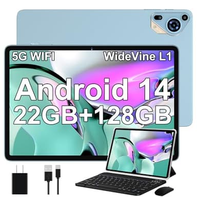Tablet 10 Pulgadas Android 14 con 22 GB RAM + 128 GB ROM (Ampliable a 1TB), Widevine L1 Tablets, 5G Wi-Fi, GPS, 8000 mAh, 8 Cores 2.0 GHz, 5MP + 8MP, FHD Tablet con Teclado + Ratón + Funda, Azul