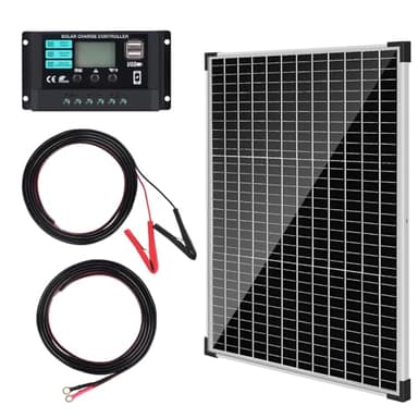 【50W 12V Panel Solar Kit】DERUXI Panel Solar Monocristalino de 50W 12V Set: Panel Solar de 50W, Regulador de Carga de 10A, Cable con Pinzas Tipo Cocodrilo, Batería kabel, para Vehículos, Techos, Barcos