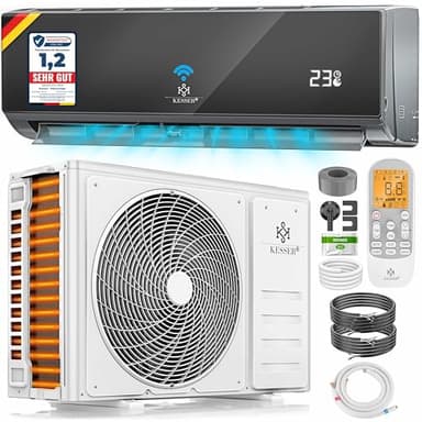KESSER® Aire acondicionado SET Split con función wifi/App, refrigeración A++/ calefacción A+, refrigerante R32, pantalla LCD, función de temporizador, Split 12000 BTU/h / 3400 Watt - antracita