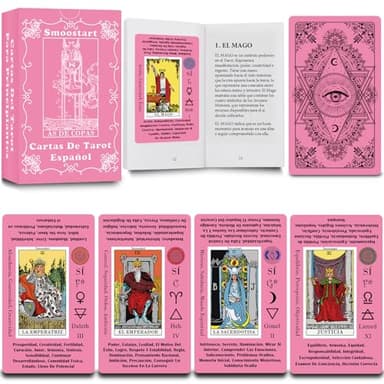Smoostart Cartas Tarot Español Rosa para Principiantes con Explicación, Holográfico Tarot con Guía para Principiantes, Palabras Clave, Elemento, Planeta, Zodiaco, Chakra, Sí O No, Numerología