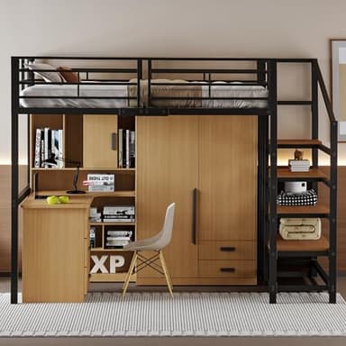 MSMOK Cama alta de 140 x 200 cm, construcción de metal estable con amplio espacio de almacenamiento debajo de la cama y escalera, ideal para niños y adultos para una máxima eficiencia de espacio