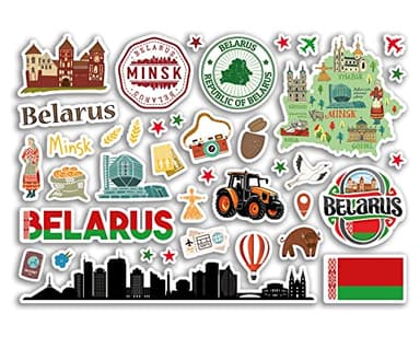 Hoja de calcomanías A5 de Bielorrusia, monumentos de vinilo - Minsk Country Map Airport Stamps Skyline Flag Travel Holiday City Aesthetic #80273