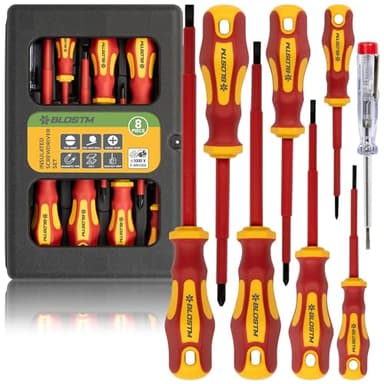 BLOSTM Juego de destornilladores aislados, juego de 8 destornilladores eléctricos probados por VDE a 1000 V, juego de destornilladores eléctricos de punta negra endurecida con diseño antivuelco,