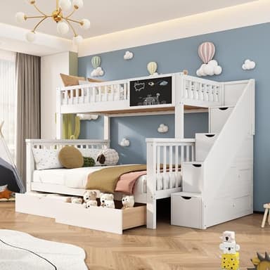 ZYLOYAL10 Litera para niños, 90 x 200, 140 x 200 cm, cama doble, cama infantil multifuncional, con pizarra y cajones, sin colchón, color blanco