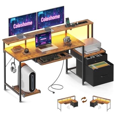 Coleshome Escritorio Gaming con LED, Escritorio Gamer con Tomas de Corriente y USB, Escritorio con Cajones de Tela y Archivador Reversible, Mesa con Bandeja Extraíble (Marrón, 140x48x90.7cm)