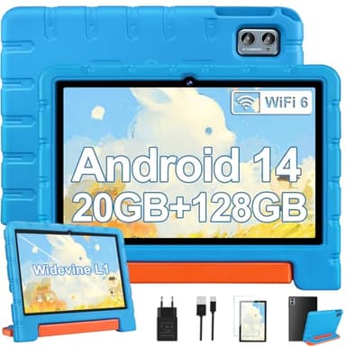 ZIOVO Tablet para Niños 10 Pulgadas, Android 14 con 20GB RAM + 128GB ROM(1TB TF), Octa-Core, WiFi 6, Widevine L1, 6000mAh, Control Parental, Tablet Niños con EVA Funda Protectora-Azul