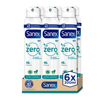 Sanex Zero% Extra Control Desodorante Spray, Pack 6 Uds x 200ml, Protección 48H, 0% Alcohol y 0% Sales de Aluminio, Ingredientes Antibacterianos, Inhibe la Formación de Olores Corporales
