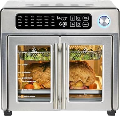 Emeril Lagasse Combo de horno tostador y freidora de aire extragrande con puerta francesa, 24 funciones de cocción y controles digitales, 7 accesorios incluidos, acabado de acero inoxidable, capacidad